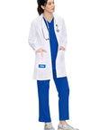 Woman wearing Womens Lab Coat With Three Pockets Medical Lab Coat For Science Chemistry And College White Medium All Day Comfort