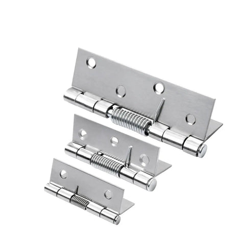 Self Closing Cabinet Door Hinge With Built-In Spring, Stainless Steel, three sizes, pack of two hinges, front view