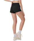Plus Size High Waisted Athletic Shorts For Women With Liner And Zip Pocket, back view showing black shorts and waistband