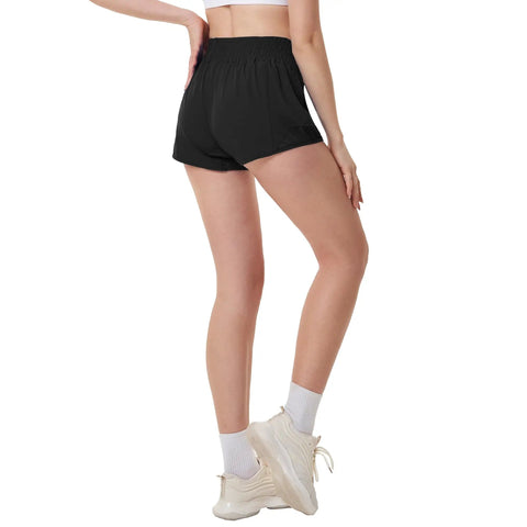Plus Size High Waisted Athletic Shorts For Women With Liner And Zip Pocket, back view showing black shorts and waistband