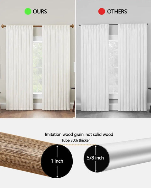 Comparison of Heavy Duty Wood Look Curtain Rods For Windows 48 To 84 Inches With One Inch Diameter And Imitation Wood Grain Finials.