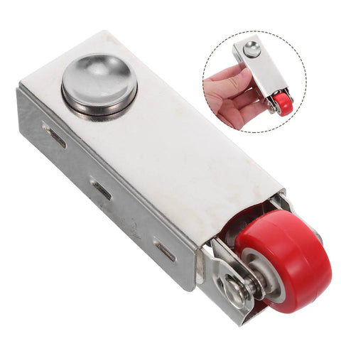 Heavy Duty Sliding Door Rollers Built Tough With Shock Absorbing Steel Wheels That Roll Smooth As Butter For Patio Tracks Cabinet Doors And Garden Furniture, close-up view showing red wheel and steel body.