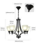 Dope Modern Farmhouse 5 Light Black Chandelier with Frosted Glass Shades, dimensions listed, for Dining Room and Living Room.