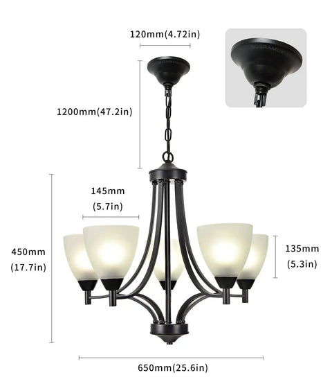 Dope Modern Farmhouse 5 Light Black Chandelier with Frosted Glass Shades, dimensions listed, for Dining Room and Living Room.