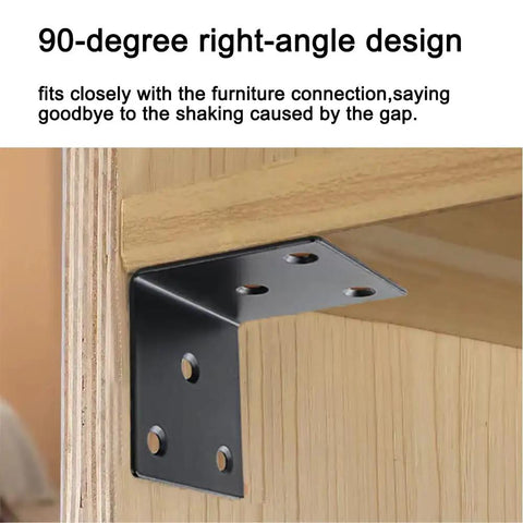 Twenty Piece Set Of Heavy Duty Black Corner Braces Crafted From Rock Solid Stainless Steel For Knockout Furniture Builds Rust Free Right Angle L Brackets Hardware Built Tough For Cabinets Drawers And Durable Wood Projects That Last Forever, mounted on wood at a 90-degree angle.