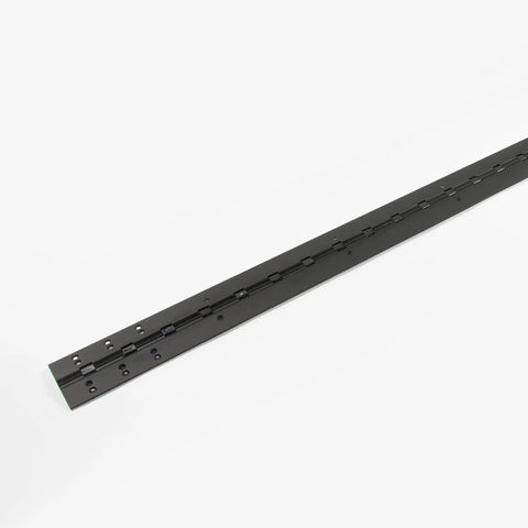 Top-Tier Heavy-Duty Anodized Aluminum Continuous Piano Hinge Full Mortise Design For Rugged Residential Or Commercial Door Refits Quick Diy Fixes Black 83 Inches Long close-up view on white background.