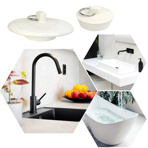 Six Slick Rubber Sink Drain Plug With Quick Pull Grip Ring Brings Six Breezy Universal Sizes To Fit Kitchen Bathroom Bathtub Laundry Sink And Pool Maintenance No Sweat In Sharp White Tone on various sinks.