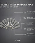 Heavy Duty L-Shaped Shelf Pegs for Cabinets and Wardrobes, Gray Glass Pins Fit 5mm Holes, 10 Pack displayed in a semicircle