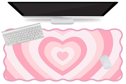 Pink Heart XXL Mouse Pad With Scalloped Edge Large Desk Mat For Gaming And Work Non Slip Rubber Base Waterproof Desktop Pad For Laptop And Computer 35.4 By 15.7 Inches Cute Pink Office Accessory displayed with keyboard and monitor