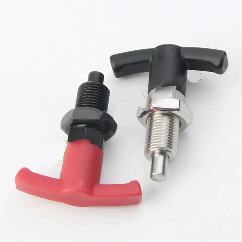 Heavy Duty Stainless Steel T Handle Indexing Plunger Precision Self Locking Locating Pin With Return Spring, red and black grips.