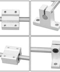 Close-up of Two Piece 8mm By 800mm Linear Motion Rod Guide Kit with Four SCS8UU Bearings and Four SK8 Aluminum Rail Supports parts detail