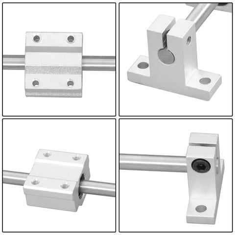 Close-up of Two Piece 8mm By 800mm Linear Motion Rod Guide Kit with Four SCS8UU Bearings and Four SK8 Aluminum Rail Supports parts detail