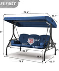 Three Seat Outdoor Porch Swing With Adjustable Canopy And Stand, Convertible Patio Glider Bed, 750 LBS capacity, blue cushions