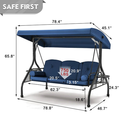 Three Seat Outdoor Porch Swing With Adjustable Canopy And Stand, Convertible Patio Glider Bed, 750 LBS capacity, blue cushions