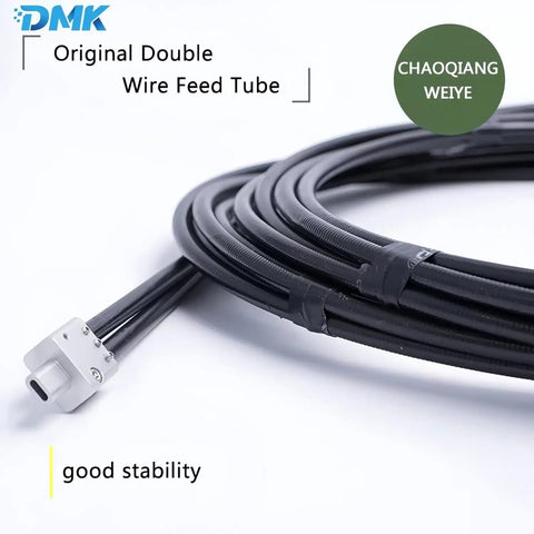 Close-up of Double Wire Feeding Hose For Laser Welding Handheld Weld Head, Built To Last Graphite Aluminum PU Construction