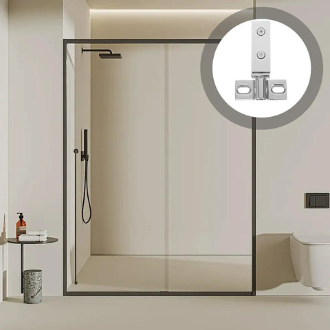 Heavy Duty Stainless Steel Shower Door Pivot Hinges With Smart Dual Hole Design For No Sweat Glass Door Swap And Top Shelf Bathroom Hardware Makeover in a modern bathroom setting.