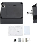 Seamless NFC Electronic Drawer Lock With Discreet Invisible Cabinet Mount showing lock components, installation guide, and screws.