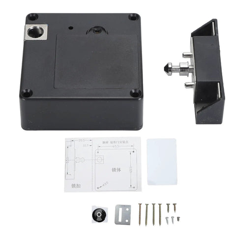 Seamless NFC Electronic Drawer Lock With Discreet Invisible Cabinet Mount showing lock components, installation guide, and screws.