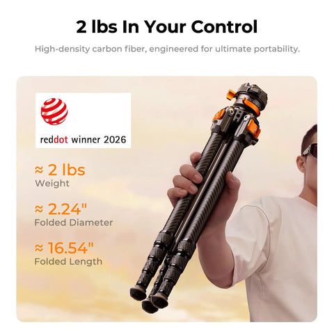 Person holding Ultra Light 60 Inch Carbon Fiber Travel Tripod For Cameras, 2.0lb Ultra Lightweight With Flexible Center Axis