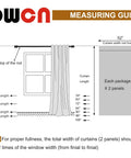 Measuring guide for curtain panel installation and recommended widths with illustration next to window and measurements.