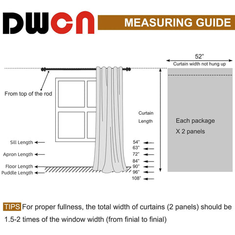 Measuring guide for curtain panel installation and recommended widths with illustration next to window and measurements.