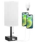 Nightstand Lamp With 3 Color Temperatures 2700K 3500K 5000K, USB C And USB A Ports, Pull Chain Control, Includes LED Bulb, White Finish