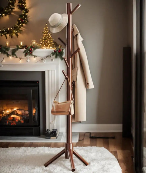 Sturdy Wooden Coat Tree With Eight Hooks Height Adjustable At 39.8 54.3 And 68.9 Inches Hat Stand For Bedroom Office Or Entryway