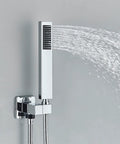 Fresh LED Shower System With Thermostatic Valve, sleek chrome hand shower head spraying water against a gray wall.