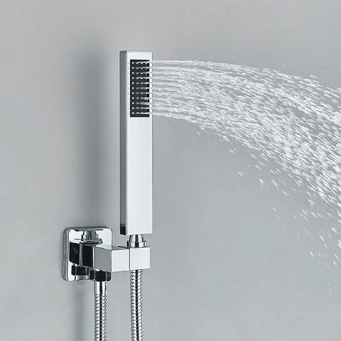 Fresh LED Shower System With Thermostatic Valve, sleek chrome hand shower head spraying water against a gray wall.