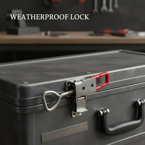 Close-up of Stainless Steel Adjustable Toggle Latch With Quick Release Draw Clamp on a toolbox, showing weatherproof secure lock.