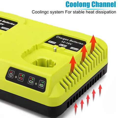 Dual Port 18V Battery Charger For Ryobi Tools That Powers Two Batteries At Once, Compatible P117 P118, cooling vents visible