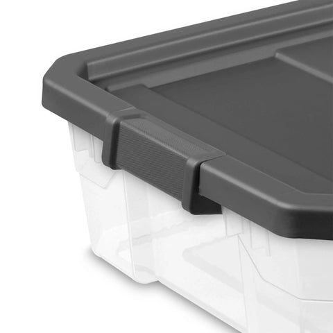 Box Stacker Modular Clear 40 Quart Storage Bin with durable latching lid, see-through design for easy organization and space saving
