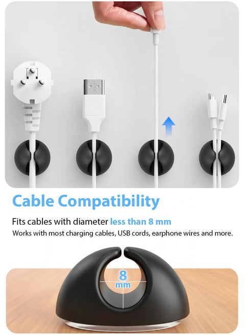 Six Pack Black Cord Organizer Clips For Cables And Chargers, Adhesive Wire Clips For Desk shown with cables inserted
