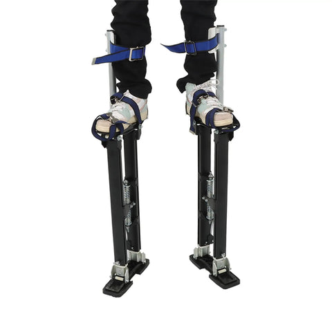 Person wearing Adjustable Drywall Stilts 24 To 40 Inch Aluminum Alloy Stilts for painting, cleaning, and construction work.