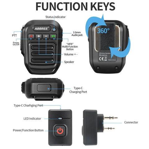 Wireless Handheld Speaker Mic for Baofeng 2 Pin Walkie Talkie detailing buttons and ports, includes Type-C charging port.