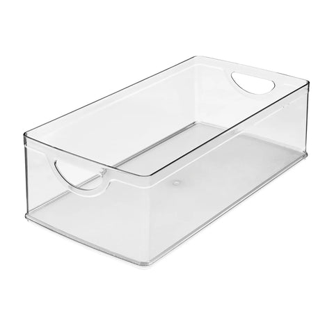 No Sweat Big League Heavy Duty Clear Stackable Extra Long Plastic Storage Bin For Nifty Pantry Setup and Smooth Cabinet Shelving - transparent organizer.
