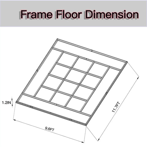 Diagram of stainless steel frame floor for 10x12 foot outdoor storage shed, 9.6 by 11.7 feet, sturdy and weather-resistant.