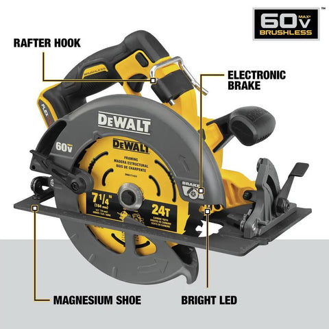 FlexVolt 60V Max Cordless Circular Saw With Brake, 7-1/4-Inch Blade, features labeled: rafter hook, electronic brake, LED
