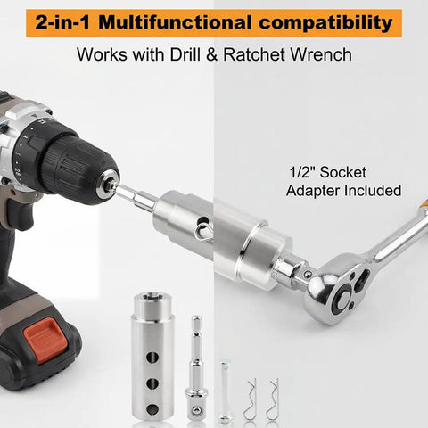 Slick Heavy Duty Trailer Jack Drill Adapter With One Inch Drive Shaft Drop In Cordless Crank Tool Half Inch Socket And Clevis Pin Kit For RV And Dump Trailers showing drill with 1/2 inch socket adapter.