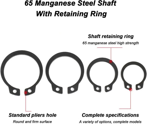 Top Notch 100 Piece External Circlip Set, Heavy Duty C-Clip Retaining Snap Rings For Axles Shafts Valves And Bearings Made From Durable 65Mn Spring Steel With Oxidized Black Finish Perfect For Tough DIY Auto Repair Jobs, showcasing various sizes of retaining rings.
