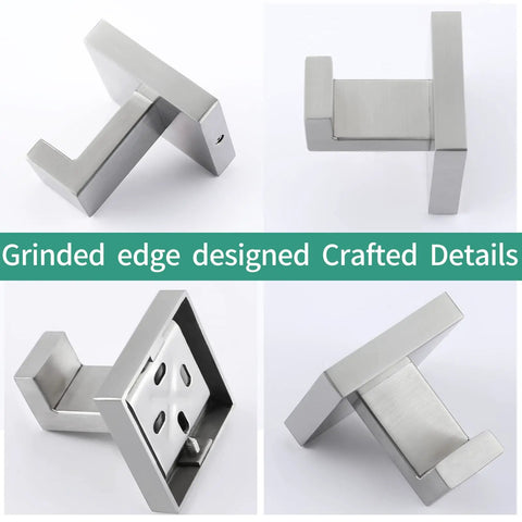 Two Pack Matte Black Bath Towel Hooks Wall Mounted Beefy Heavy Duty Stainless Steel 304 Coat Hooks For Bathroom And Kitchen Waterproof Antirust Durable Finish showing four design angles and crafted details.
