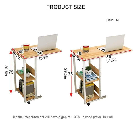 C Shaped Bedside Table With Heavy Duty Wheels And Locks Height Adjustable Laptop Workstation dimensions displayed next to a laptop.