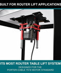 Badass 3 1/4 Horsepower Router Motor With External Variable Speed Control Pumping Out Serious Pull For Router Table And Lift Applications Up to 21000 Rpm Precision Routing mounted on lift system with red clamps.