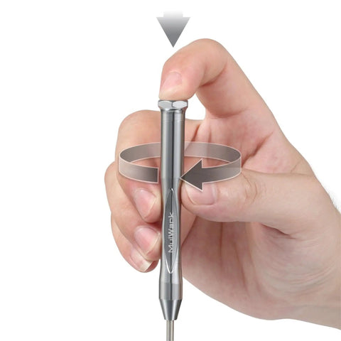 Hand holding a screwdriver from Tiny But Mighty Six Piece Magnetic Micro Precision Screwdriver Kit For Glasses Watches Electronics Phones And Computers.