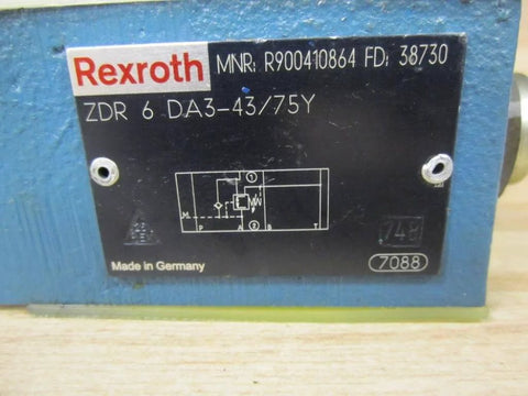 Adjustable sandwich flow control valve ZDR 6 DA3-43/75Y PN R900410864 label on a blue hydraulic component