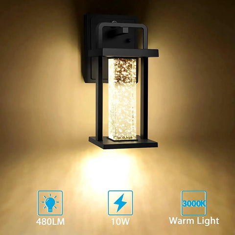 Dusk To Dawn Outdoor LED Wall Light With Crystal Glass 10W 480LM IP23 Patio illuminated on a beige wall