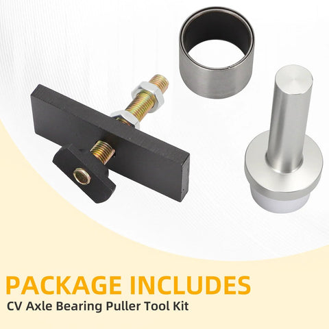 CV axle bearing puller tool kit with black puller bar, bolts, and cylindrical spacer