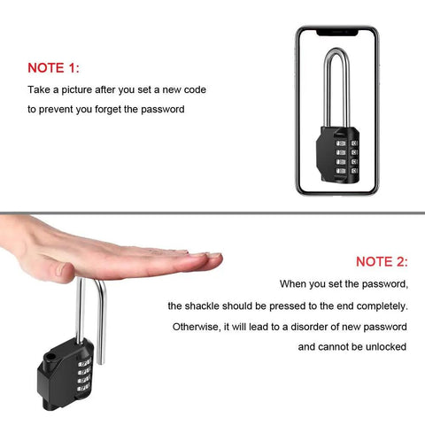 2 Pack 2.6 Inch Shackle 4 Digit Keyless Combination Locks Waterproof Outdoor Padlocks for School Gym Lockers shown in use with instructions