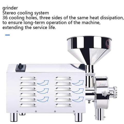 Powerful 1500W Electric Grain Mill Stainless Steel High Speed Grinder with cooling system and adjustable mesh.