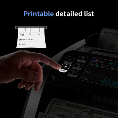 Money Counter Machine For Biz Bosses With Mixed Denomination MDC UV MG IR DD Counterfeit Detection, 3.5 Inch TFT Display, printer feature.